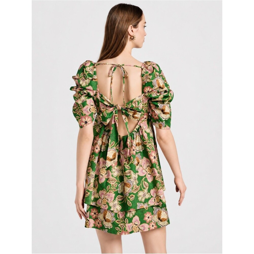 MISA Floral Open Back Mini Dress Puff Sleeve Cotton Cottagecore Boho Size L